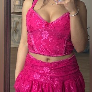 Vibrant Pink Lace Crop Top and Skirt Set